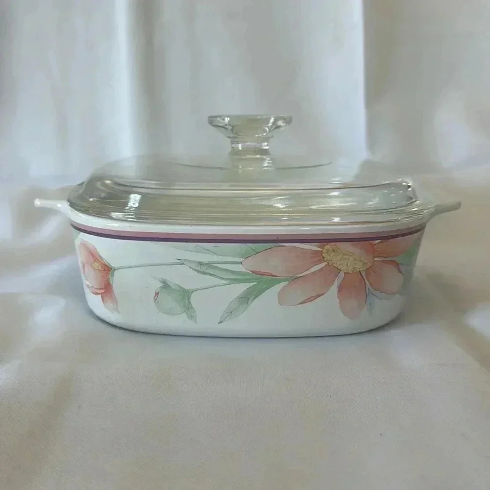 Vintage CorningWare "Peony Floral" A-1-B 2 Liter Casserole Dish w/ Pyrex Lid A9C - Picture 3 of 12